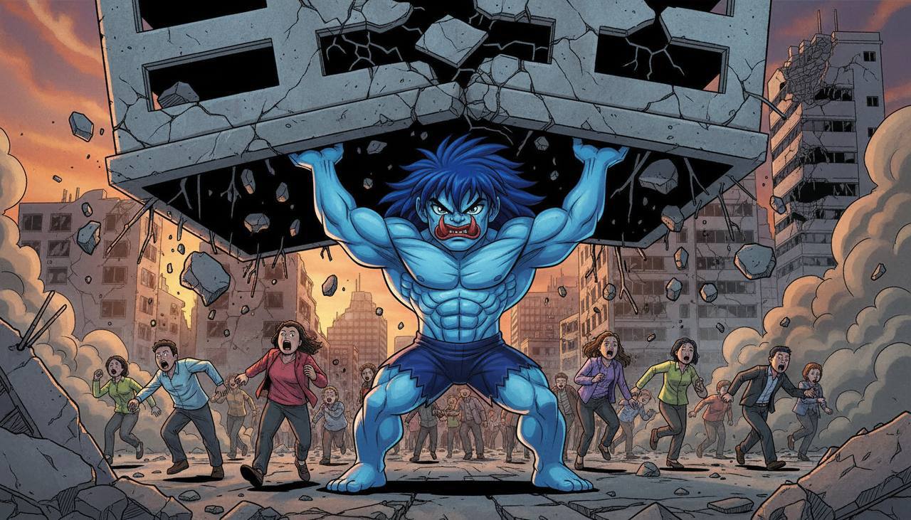 Cosmic lifting a building, civilians fleeing